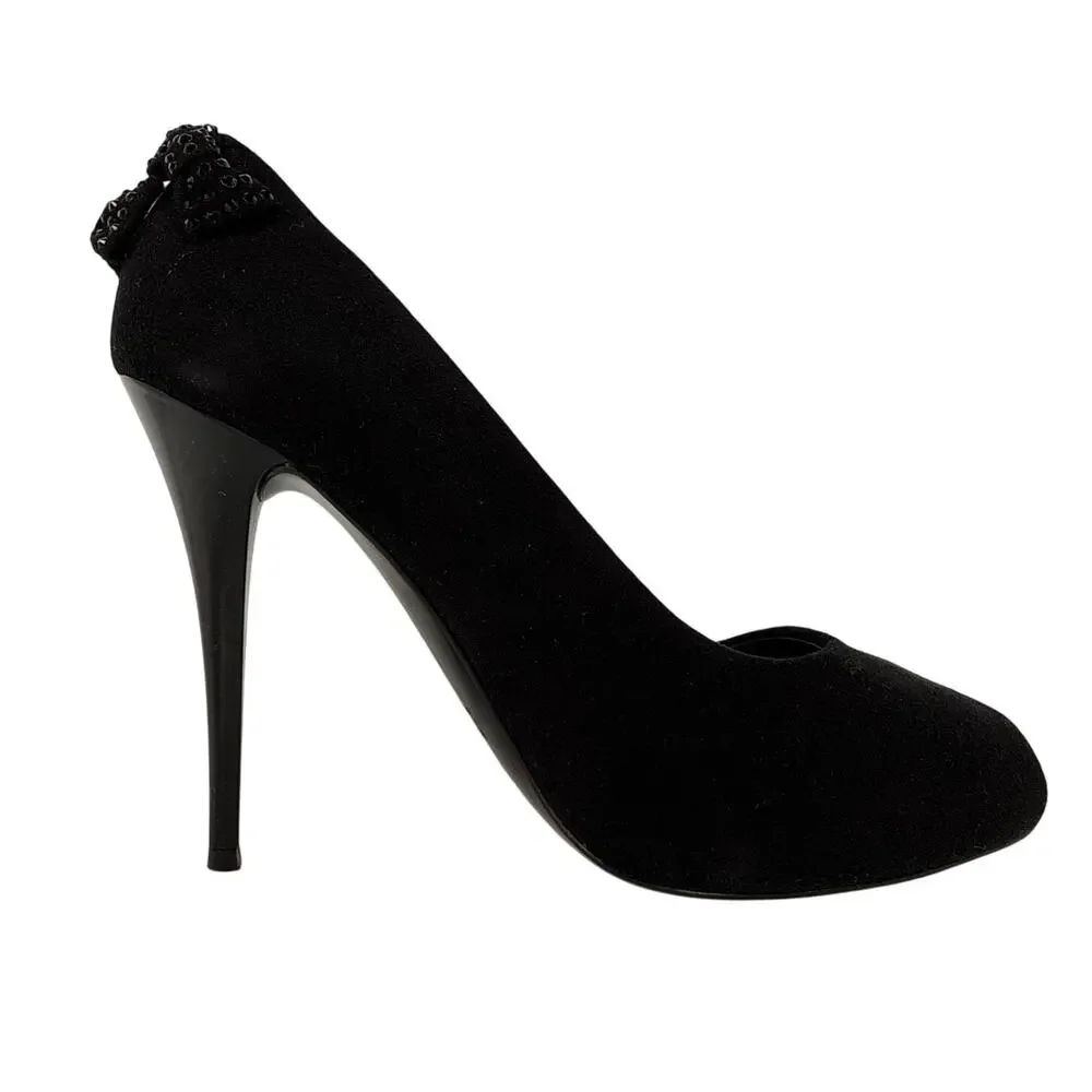 Giuseppe‎ Zanotti Black Suede Bow Embellished Peep Toe Stiletto Sandals 37 EU